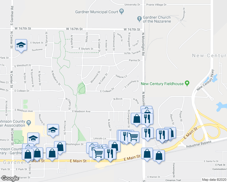 map of restaurants, bars, coffee shops, grocery stores, and more near 709 East Colleen Drive in Gardner