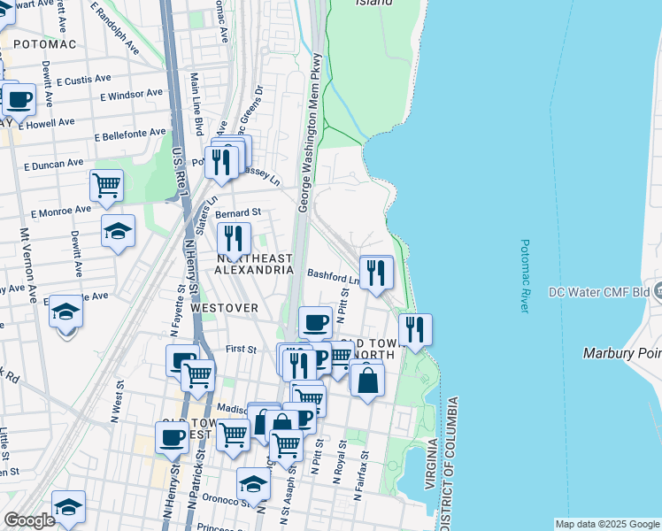 map of restaurants, bars, coffee shops, grocery stores, and more near 527 Bashford Lane in Alexandria