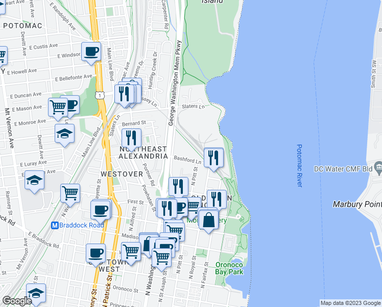 map of restaurants, bars, coffee shops, grocery stores, and more near 513 Bashford Lane in Alexandria