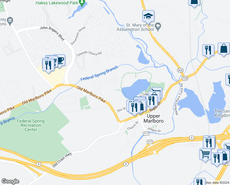 map of restaurants, bars, coffee shops, grocery stores, and more near 14456 Old Mill Road in Upper Marlboro