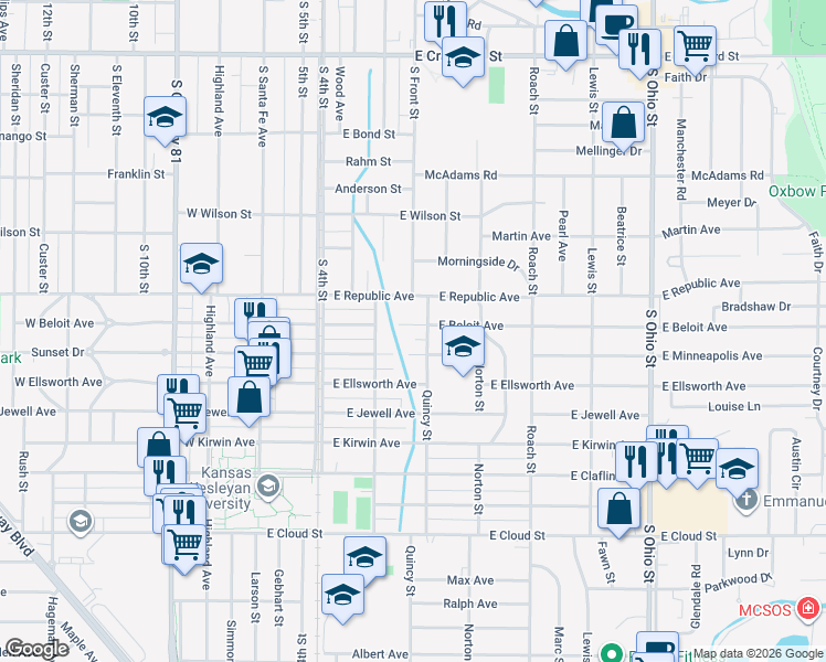 map of restaurants, bars, coffee shops, grocery stores, and more near 328 East Beloit Avenue in Salina
