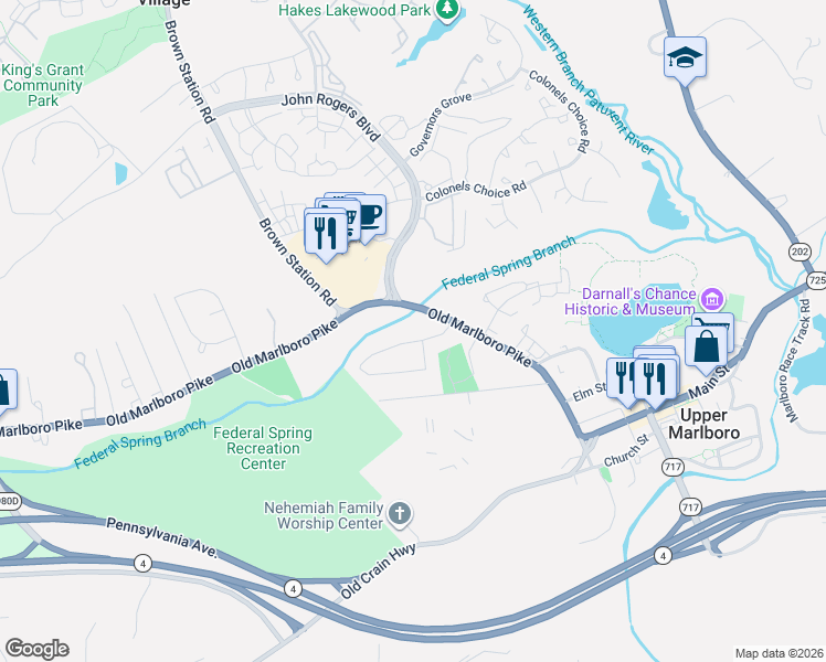 map of restaurants, bars, coffee shops, grocery stores, and more near 14113 Spring Branch Drive in Upper Marlboro