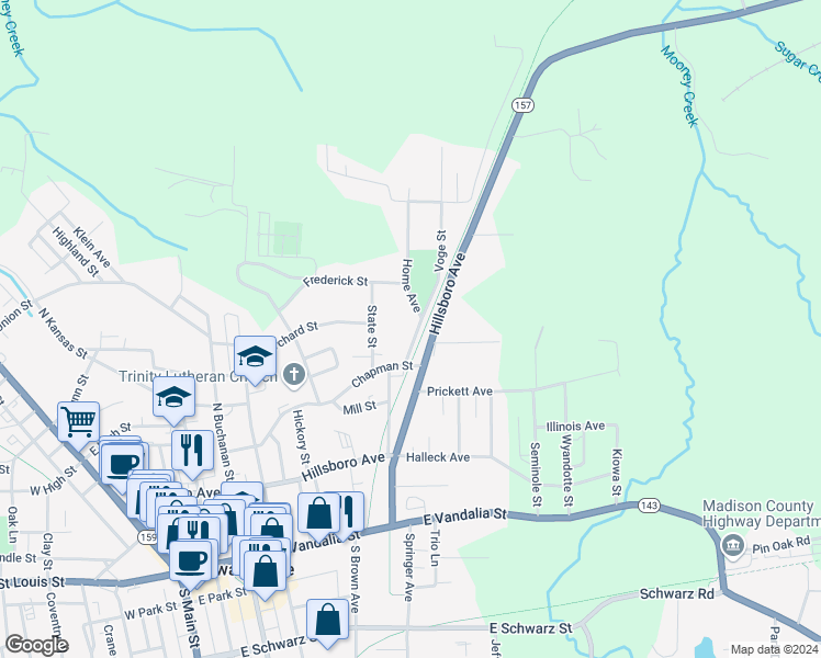 map of restaurants, bars, coffee shops, grocery stores, and more near 427 Home Avenue in Edwardsville