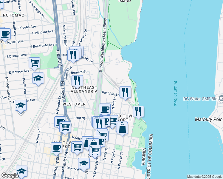 map of restaurants, bars, coffee shops, grocery stores, and more near 513 Bashford Lane in Alexandria