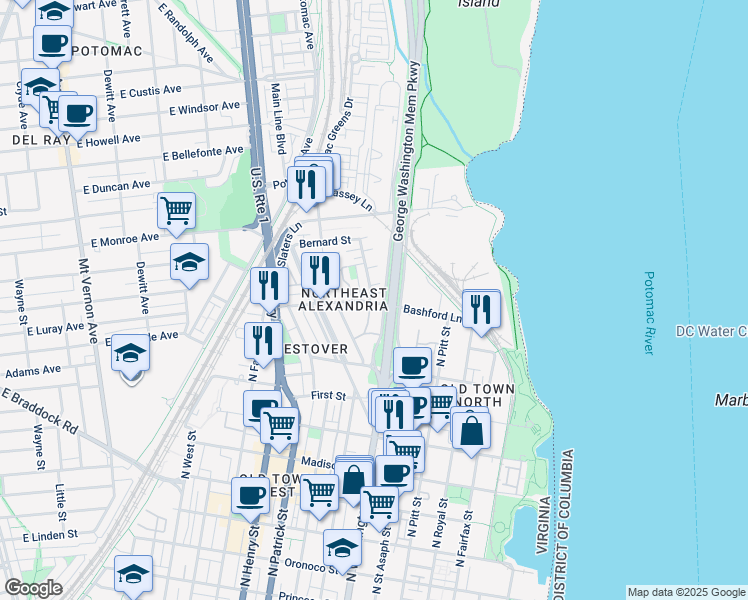 map of restaurants, bars, coffee shops, grocery stores, and more near 701 Bashford Lane in Alexandria