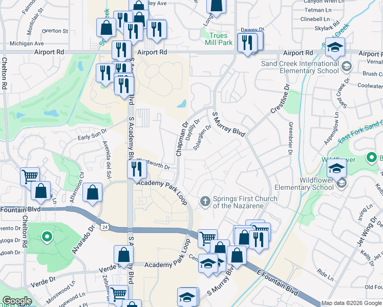 map of restaurants, bars, coffee shops, grocery stores, and more near 4095 Solarglen Drive in Colorado Springs