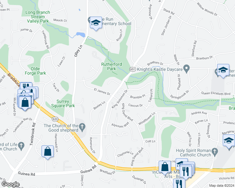 map of restaurants, bars, coffee shops, grocery stores, and more near 4836 King Solomon Drive in Annandale