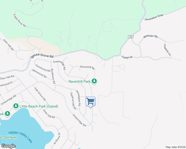 map of restaurants, bars, coffee shops, grocery stores, and more near 19285 Ravenhill Road in Hidden Valley Lake