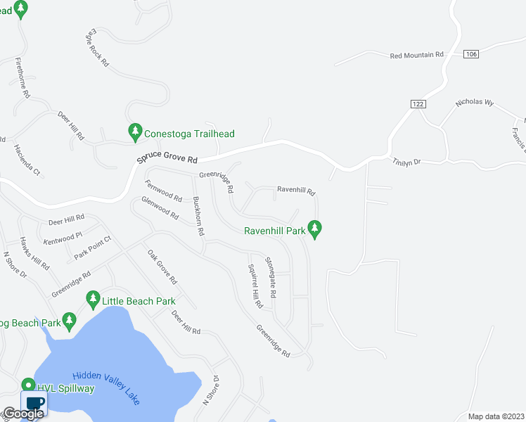 map of restaurants, bars, coffee shops, grocery stores, and more near 16744 Greenridge Road in Hidden Valley Lake