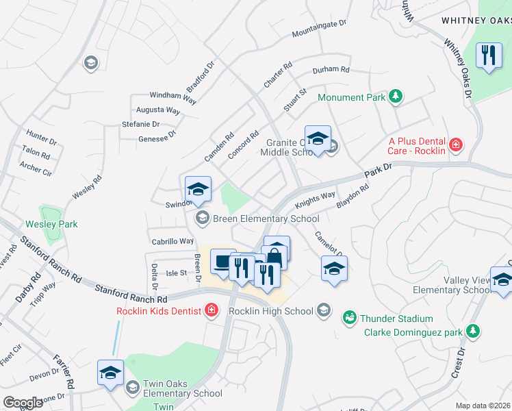 map of restaurants, bars, coffee shops, grocery stores, and more near 5206 Bay Street in Rocklin