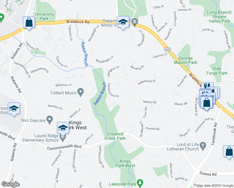 map of restaurants, bars, coffee shops, grocery stores, and more near 4731 Carterwood Drive in Fairfax