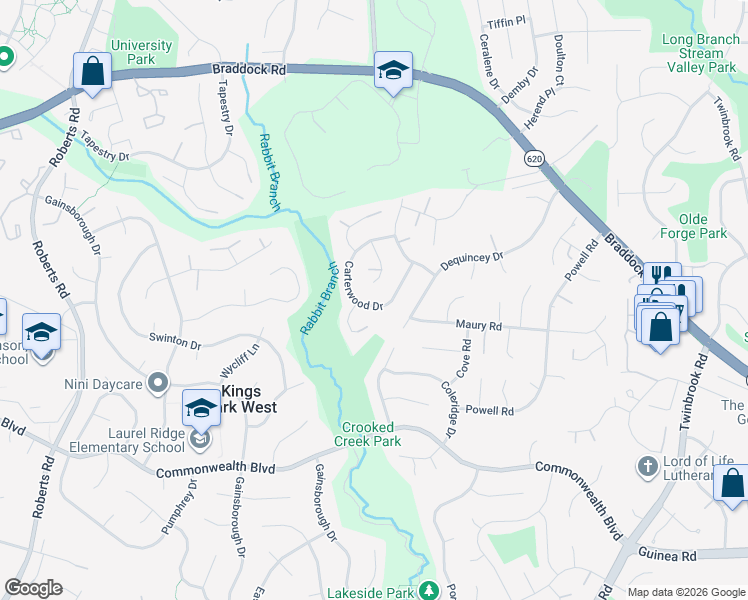 map of restaurants, bars, coffee shops, grocery stores, and more near 4731 Carterwood Drive in Fairfax