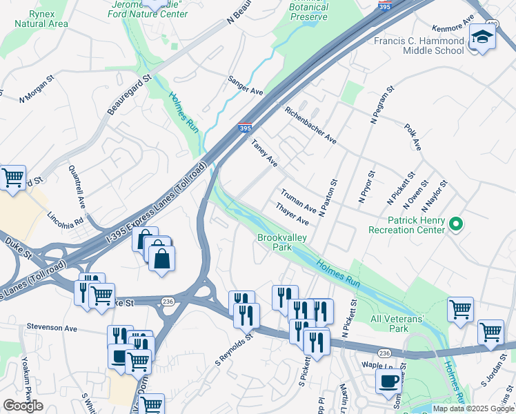 map of restaurants, bars, coffee shops, grocery stores, and more near 5487 Holmes Run Parkway in Alexandria