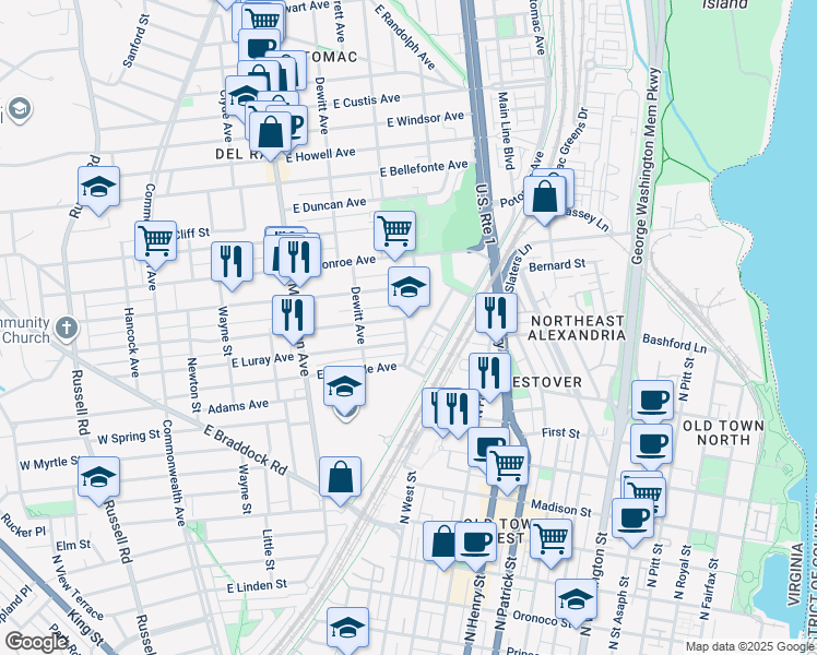 map of restaurants, bars, coffee shops, grocery stores, and more near 1321 Leslie Avenue in Alexandria