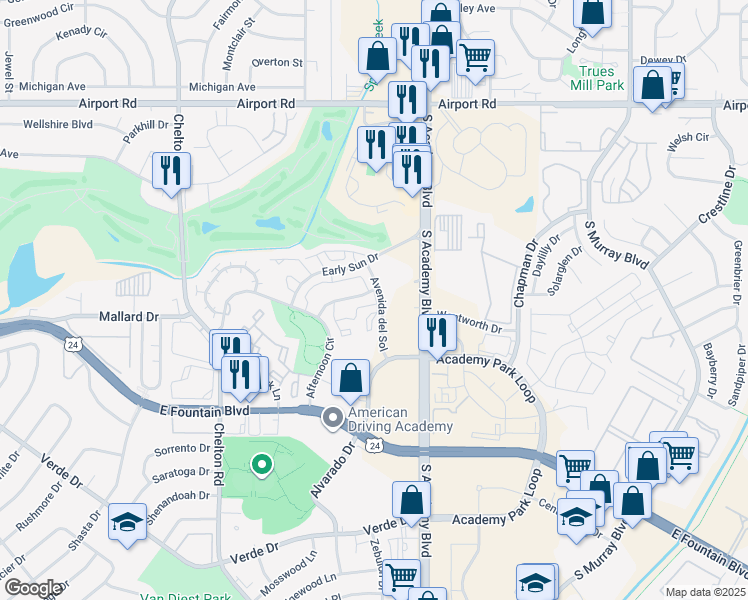 map of restaurants, bars, coffee shops, grocery stores, and more near 926 Acapulco Court in Colorado Springs