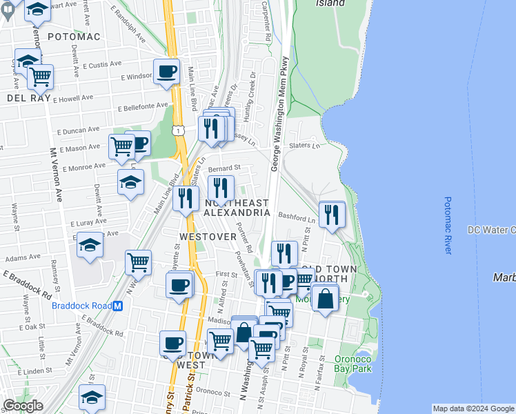 map of restaurants, bars, coffee shops, grocery stores, and more near 701 Bashford Lane in Alexandria