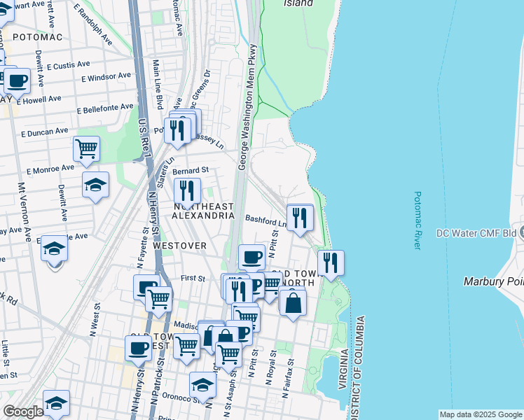 map of restaurants, bars, coffee shops, grocery stores, and more near 525 Bashford Lane in Alexandria