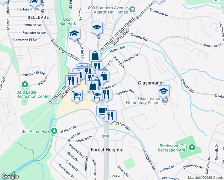 map of restaurants, bars, coffee shops, grocery stores, and more near 625 Audrey Lane in Oxon Hill