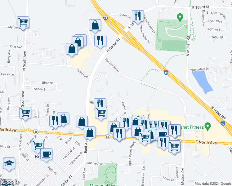 map of restaurants, bars, coffee shops, grocery stores, and more near 408 Taylor Lane in Belton