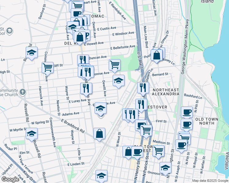map of restaurants, bars, coffee shops, grocery stores, and more near 535 East Alexandria Avenue in Alexandria