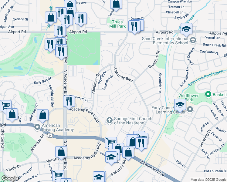 map of restaurants, bars, coffee shops, grocery stores, and more near 4155 Solarglen Drive in Colorado Springs