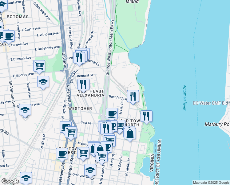 map of restaurants, bars, coffee shops, grocery stores, and more near 523 Bashford Lane in Alexandria