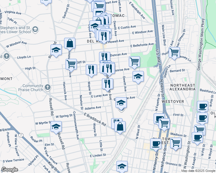 map of restaurants, bars, coffee shops, grocery stores, and more near 1400 Mount Vernon Avenue in Alexandria