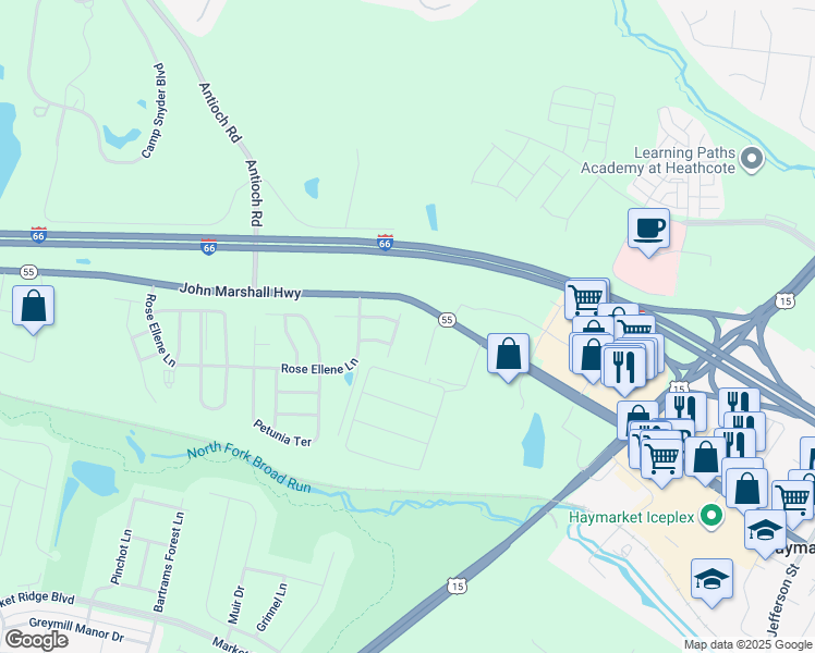 map of restaurants, bars, coffee shops, grocery stores, and more near 15515 Marigold Falls Lane in Haymarket