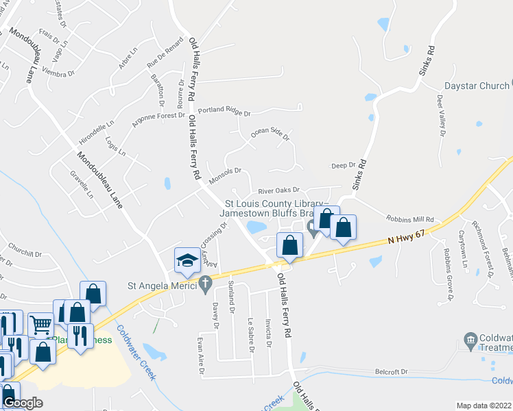map of restaurants, bars, coffee shops, grocery stores, and more near 14247 Riverfront Dr in Florissant