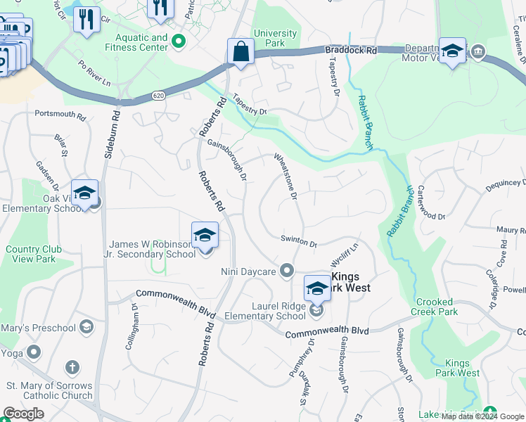 map of restaurants, bars, coffee shops, grocery stores, and more near 4971 Swinton Drive in Fairfax