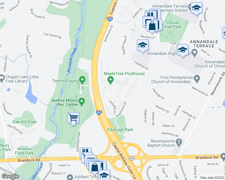 map of restaurants, bars, coffee shops, grocery stores, and more near 4944 Herkimer Street in Annandale