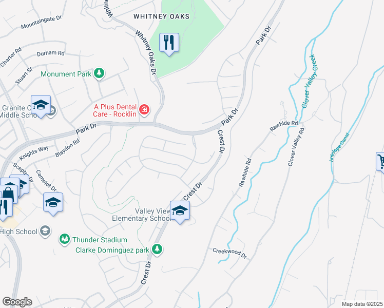 map of restaurants, bars, coffee shops, grocery stores, and more near 2814 Springfield Drive in Rocklin