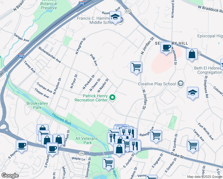 map of restaurants, bars, coffee shops, grocery stores, and more near 701 North Mansfield Street in Alexandria
