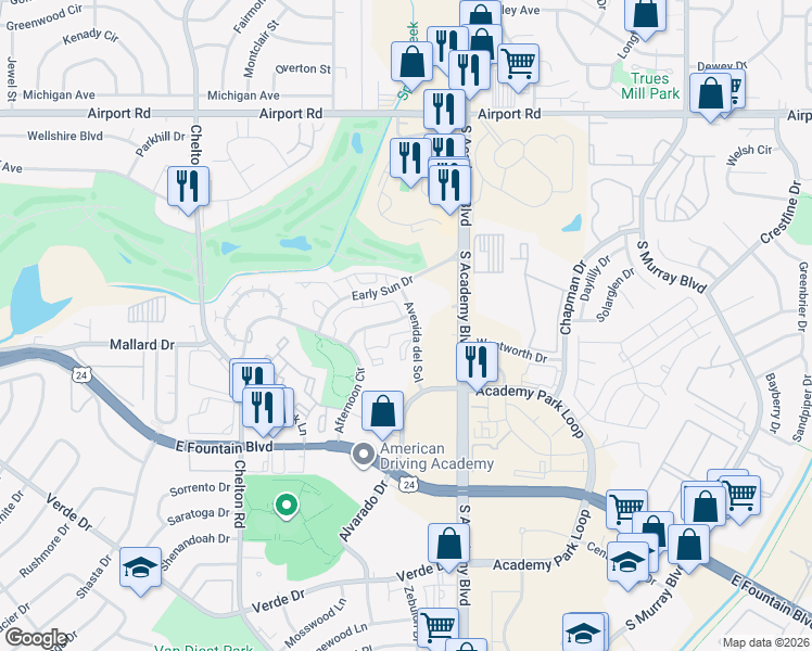 map of restaurants, bars, coffee shops, grocery stores, and more near 3694 Iguana Drive in Colorado Springs