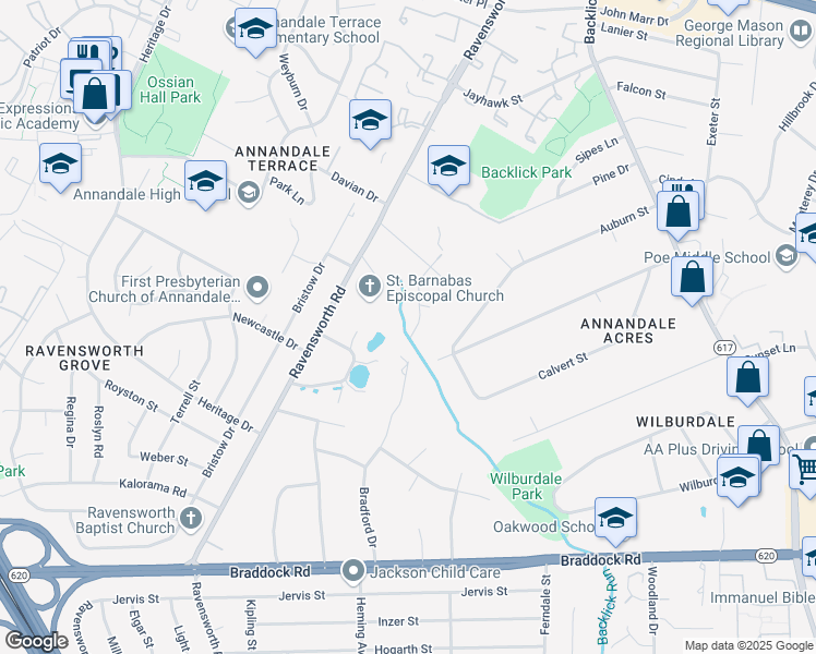 map of restaurants, bars, coffee shops, grocery stores, and more near 4816 Bradford Drive in Annandale