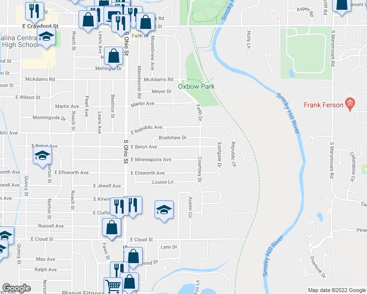 map of restaurants, bars, coffee shops, grocery stores, and more near 1418 East Beloit Avenue in Salina