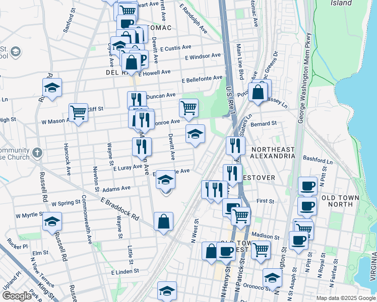 map of restaurants, bars, coffee shops, grocery stores, and more near 535 East Alexandria Avenue in Alexandria
