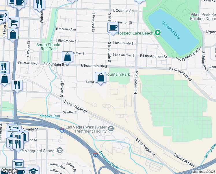 map of restaurants, bars, coffee shops, grocery stores, and more near 1006 South Institute Street in Colorado Springs