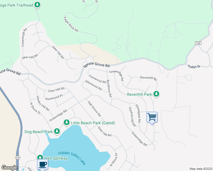 map of restaurants, bars, coffee shops, grocery stores, and more near 16657 Buckhorn Road in Hidden Valley Lake