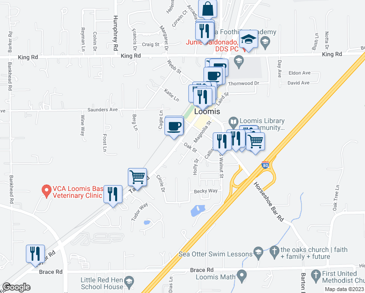 map of restaurants, bars, coffee shops, grocery stores, and more near 3767 Taylor Road in Loomis