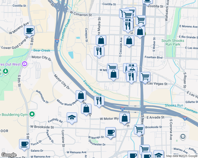 map of restaurants, bars, coffee shops, grocery stores, and more near 116 West Las Vegas Street in Colorado Springs