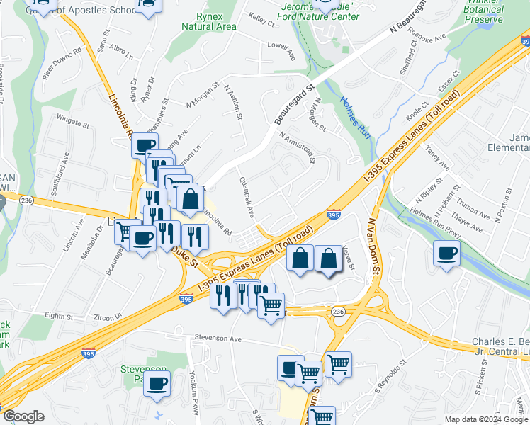 map of restaurants, bars, coffee shops, grocery stores, and more near 5851 Quantrell Avenue in Alexandria
