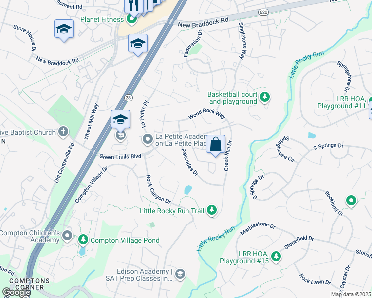 map of restaurants, bars, coffee shops, grocery stores, and more near 6511 Palisades Dr in Centreville