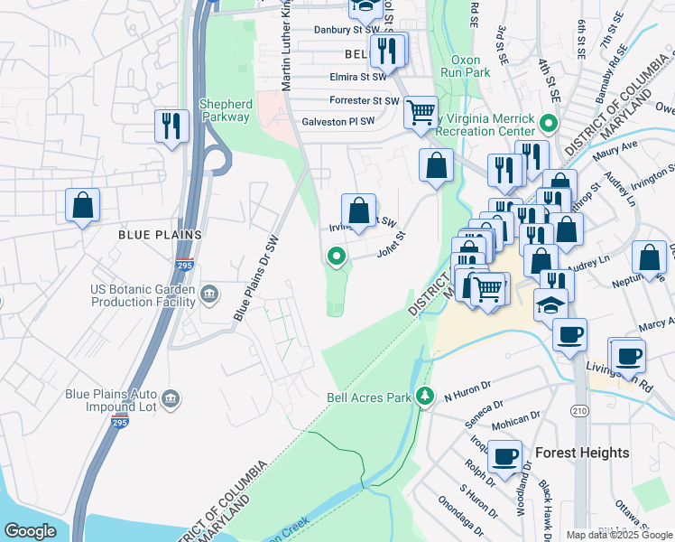 map of restaurants, bars, coffee shops, grocery stores, and more near 100 Joliet Street in Washington