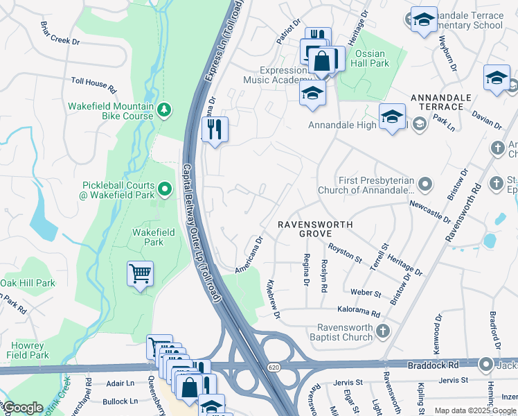 map of restaurants, bars, coffee shops, grocery stores, and more near 4907 Americana Drive in Annandale