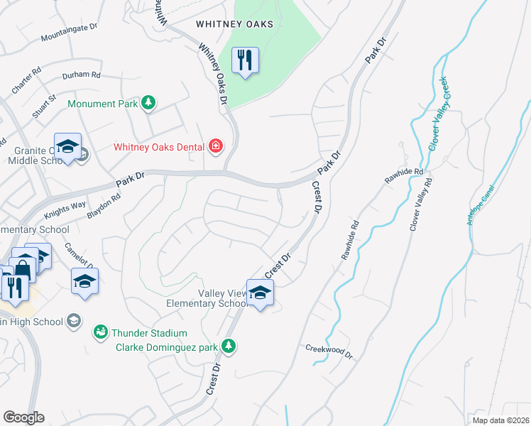 map of restaurants, bars, coffee shops, grocery stores, and more near 3006 Crestwood Way in Rocklin