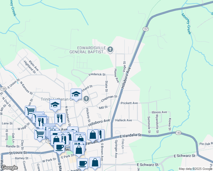 map of restaurants, bars, coffee shops, grocery stores, and more near State Street in Edwardsville