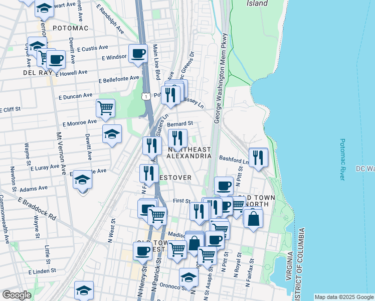 map of restaurants, bars, coffee shops, grocery stores, and more near 831 Bashford Lane in Alexandria
