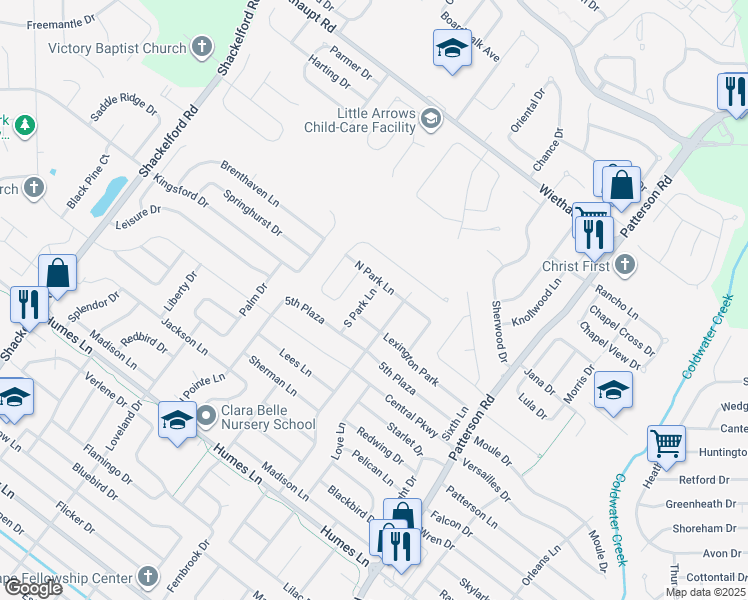 map of restaurants, bars, coffee shops, grocery stores, and more near 2550 South Park Lane in Florissant