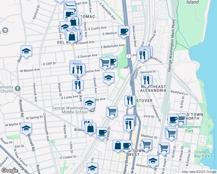 map of restaurants, bars, coffee shops, grocery stores, and more near 1321 Leslie Avenue in Alexandria
